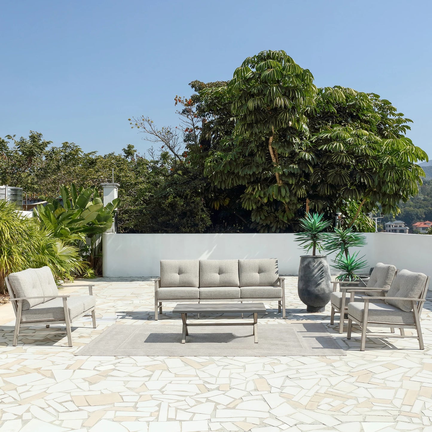 Seehill 5 Pieces Outdoor Patio Furniture Sets, Aluminum Garden Furniture Sets Outdoor Sectional Sofa for Lawn, Limed Oak