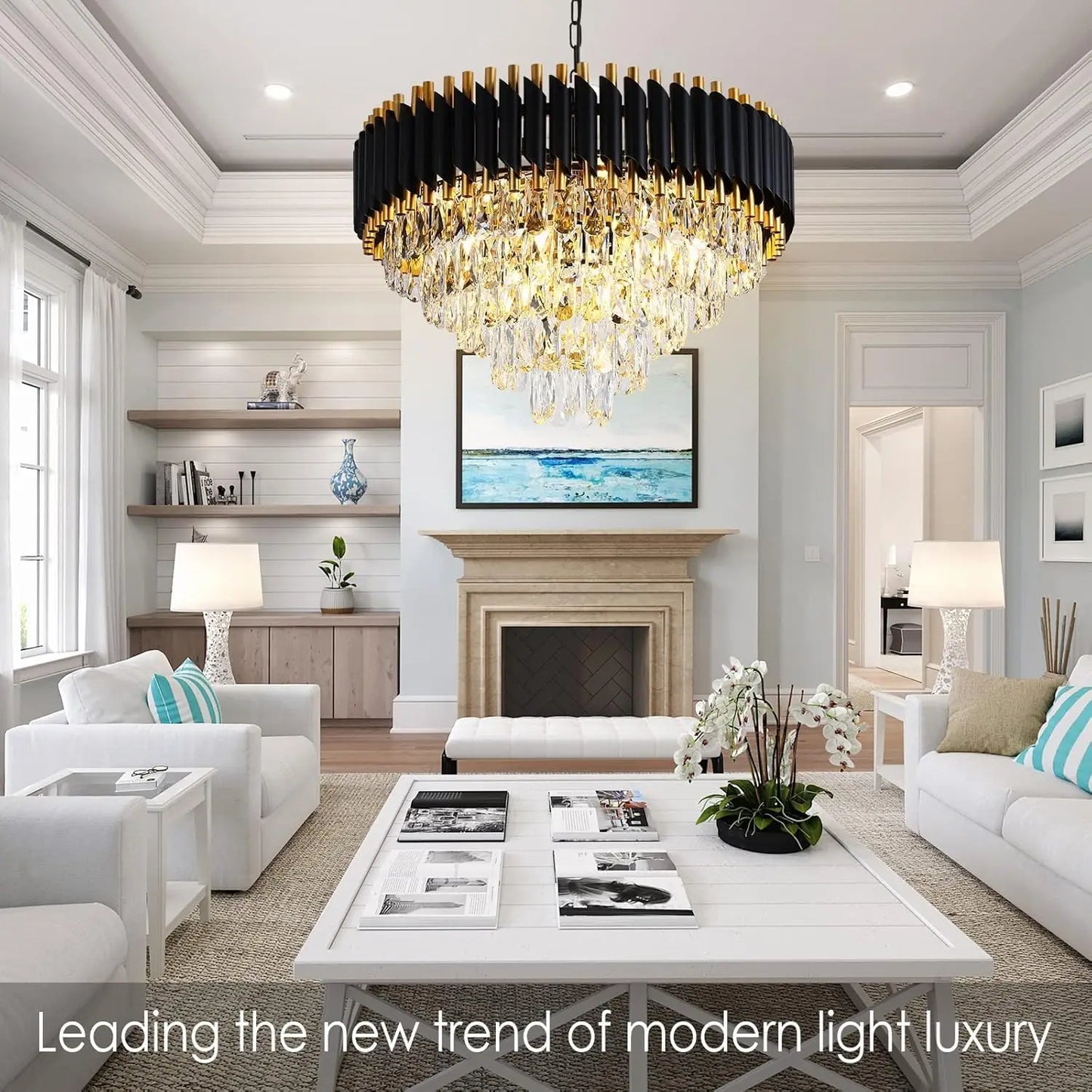 Modern Black & Gold Crystal Chandelier, Dimmable 5-Tier Round K9 Crystal Chandelier for Kitchen Island/Living Room/Bedroom