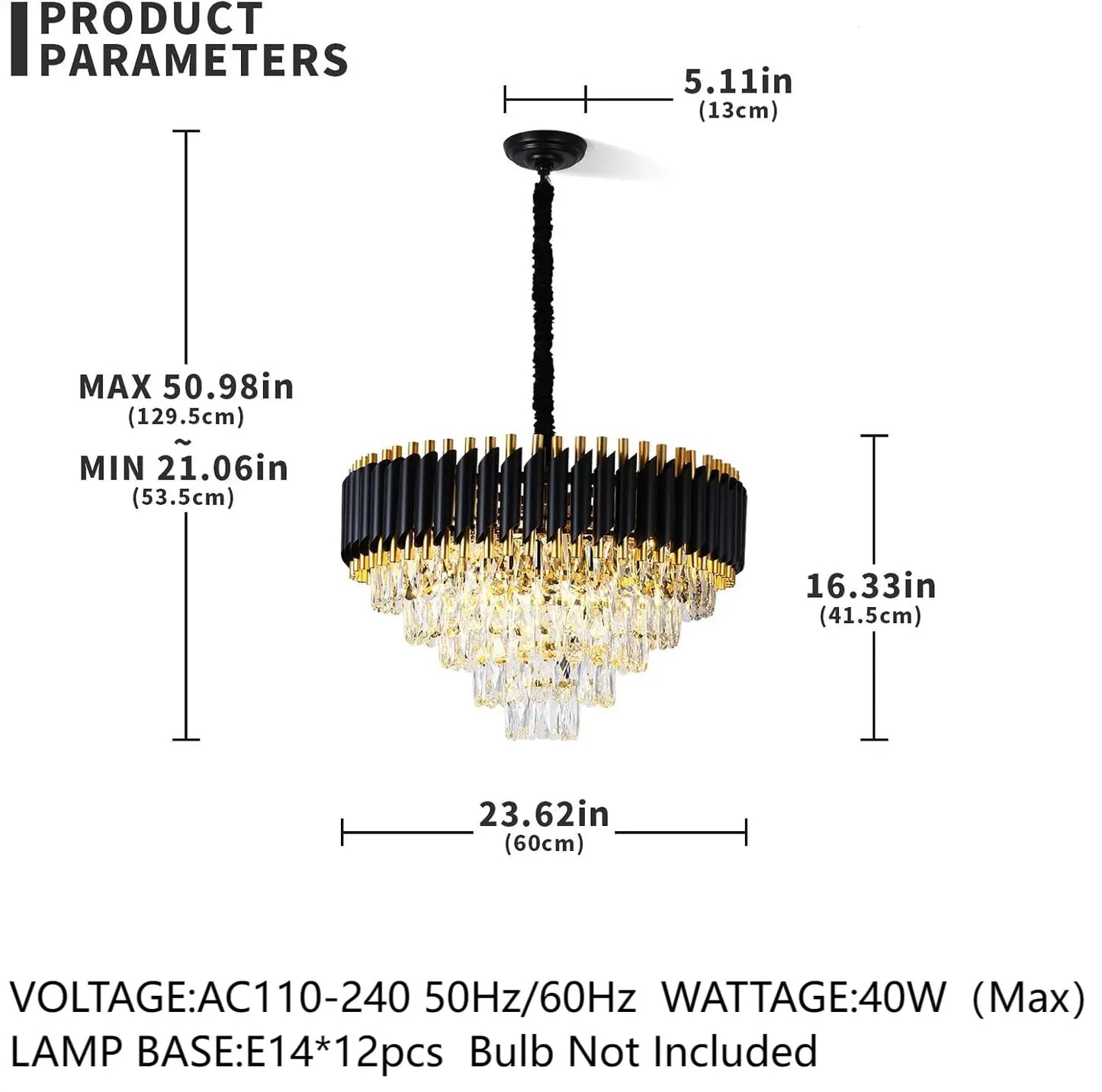 Modern Black & Gold Crystal Chandelier, Dimmable 5-Tier Round K9 Crystal Chandelier for Kitchen Island/Living Room/Bedroom