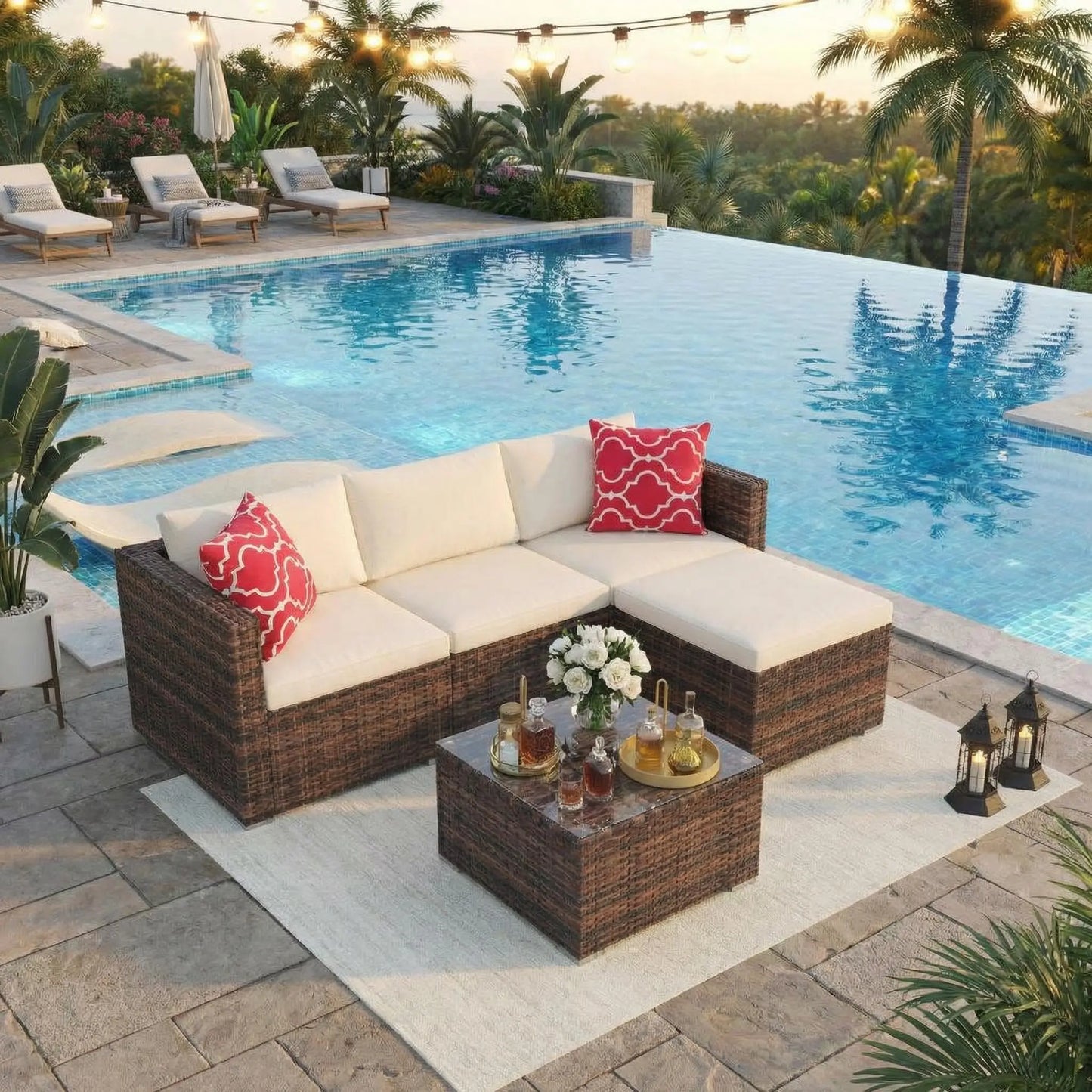 5-Piece All Weather Wicker Patio Furniture Set, Modular Outdoor Sectional Sofa With Cushions & Tempered Glass Coffee Table