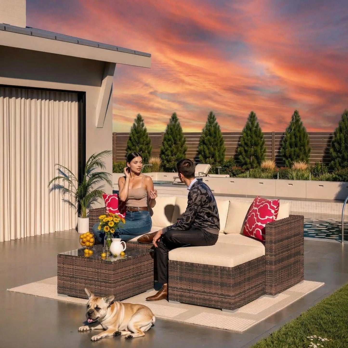 5-Piece All Weather Wicker Patio Furniture Set, Modular Outdoor Sectional Sofa With Cushions & Tempered Glass Coffee Table