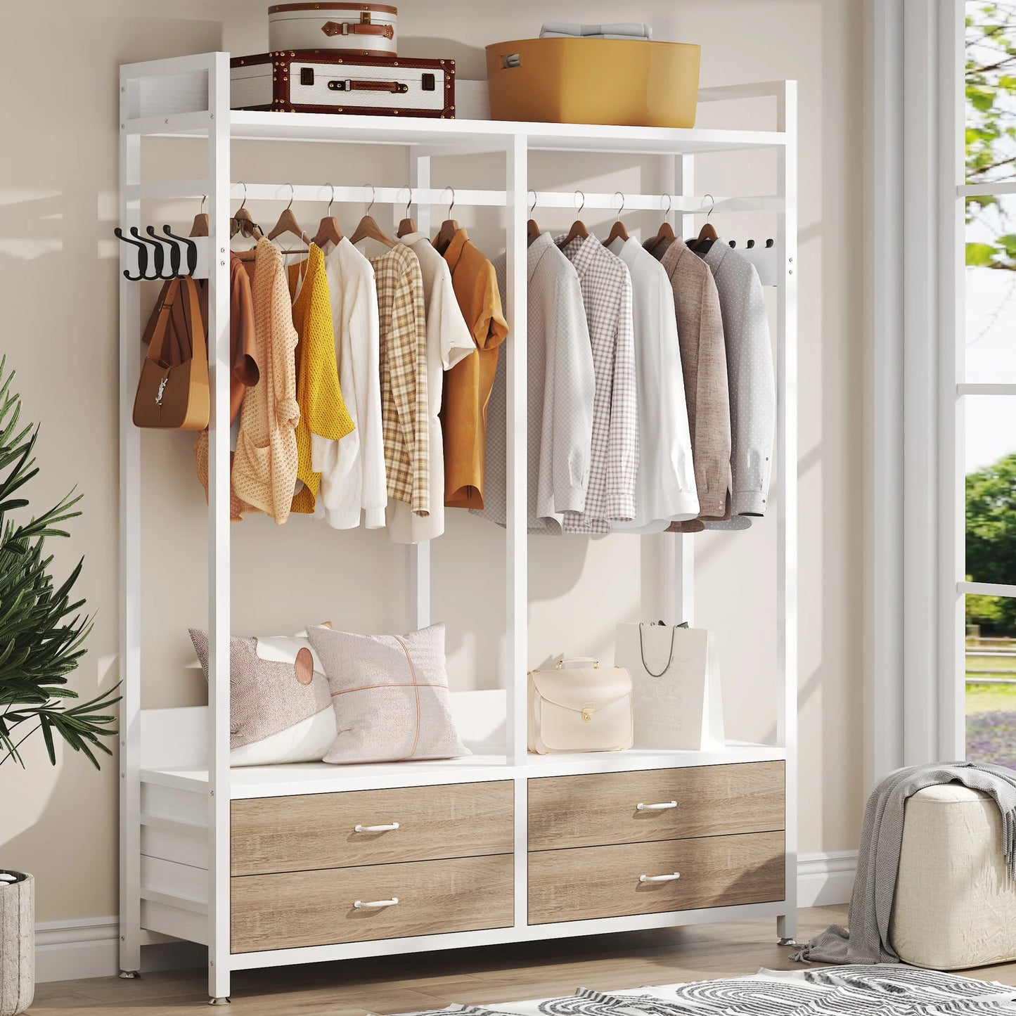 Tribesigns Freestanding Closet Organizer for Hanging Clothes, Heavy Duty Garment Rack with Drawers, 8 Hooks and Storage Shelves