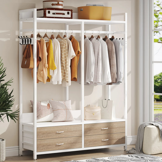 Tribesigns Freestanding Closet Organizer for Hanging Clothes, Heavy Duty Garment Rack with Drawers, 8 Hooks and Storage Shelves