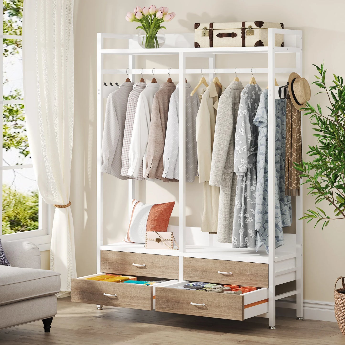 Tribesigns Freestanding Closet Organizer for Hanging Clothes, Heavy Duty Garment Rack with Drawers, 8 Hooks and Storage Shelves