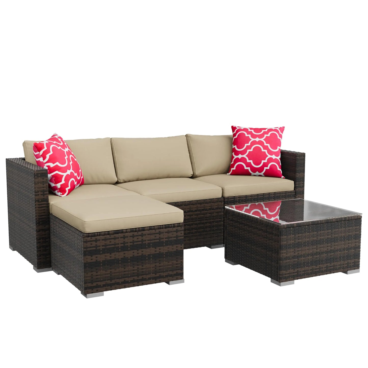 5-Piece All Weather Wicker Patio Furniture Set, Modular Outdoor Sectional Sofa With Cushions & Tempered Glass Coffee Table