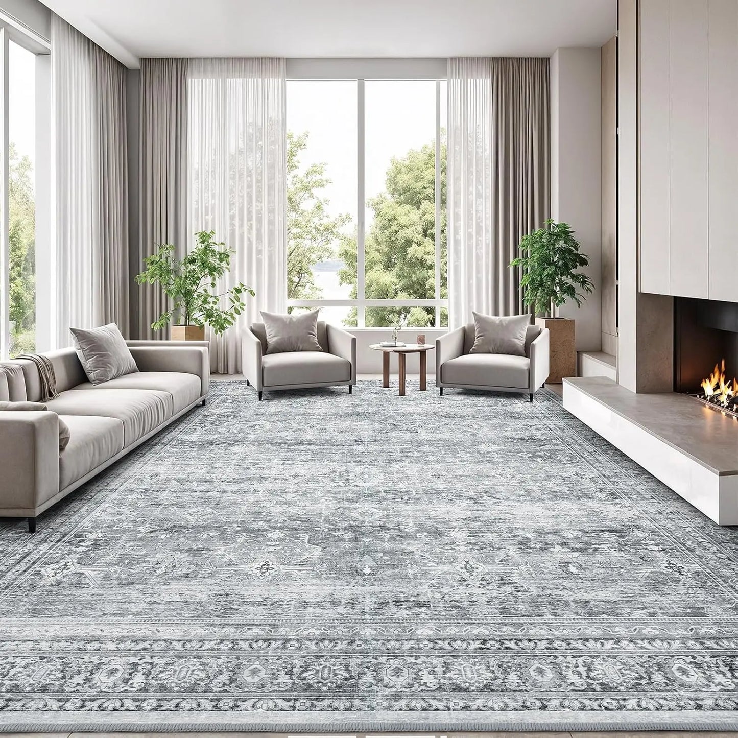 8x10 Washable Area Rug with Non-Slip Backing, Soft Grey Floral Carpet for Living Room Bedroom Dining Office Nursery