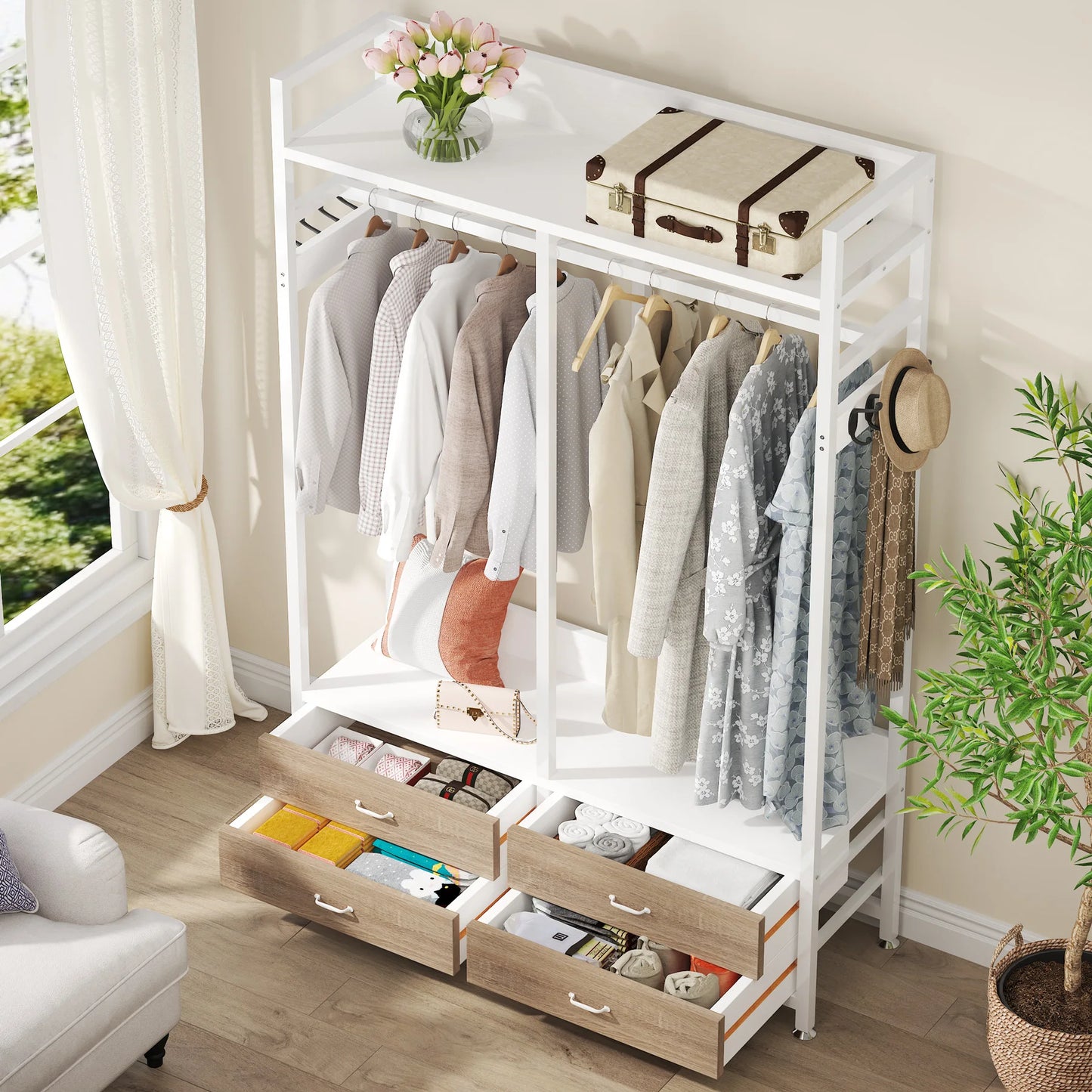 Tribesigns Freestanding Closet Organizer for Hanging Clothes, Heavy Duty Garment Rack with Drawers, 8 Hooks and Storage Shelves