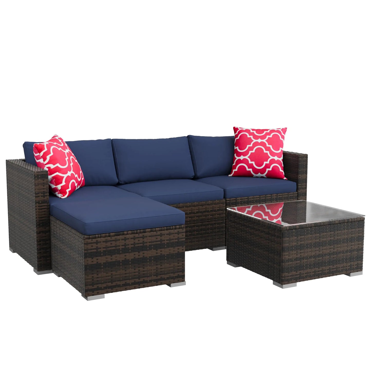 5-Piece All Weather Wicker Patio Furniture Set, Modular Outdoor Sectional Sofa With Cushions & Tempered Glass Coffee Table