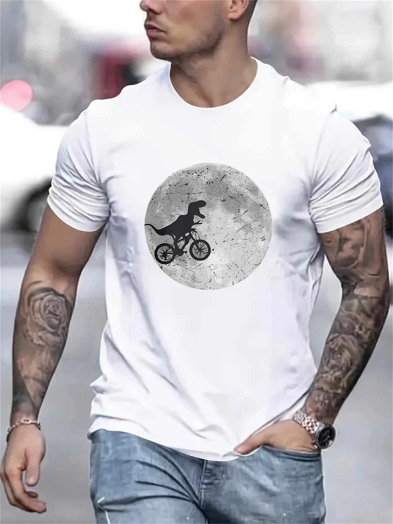 Polyester Dinosaur Print Short Sleeve T Shirt Unisex Crew Neck