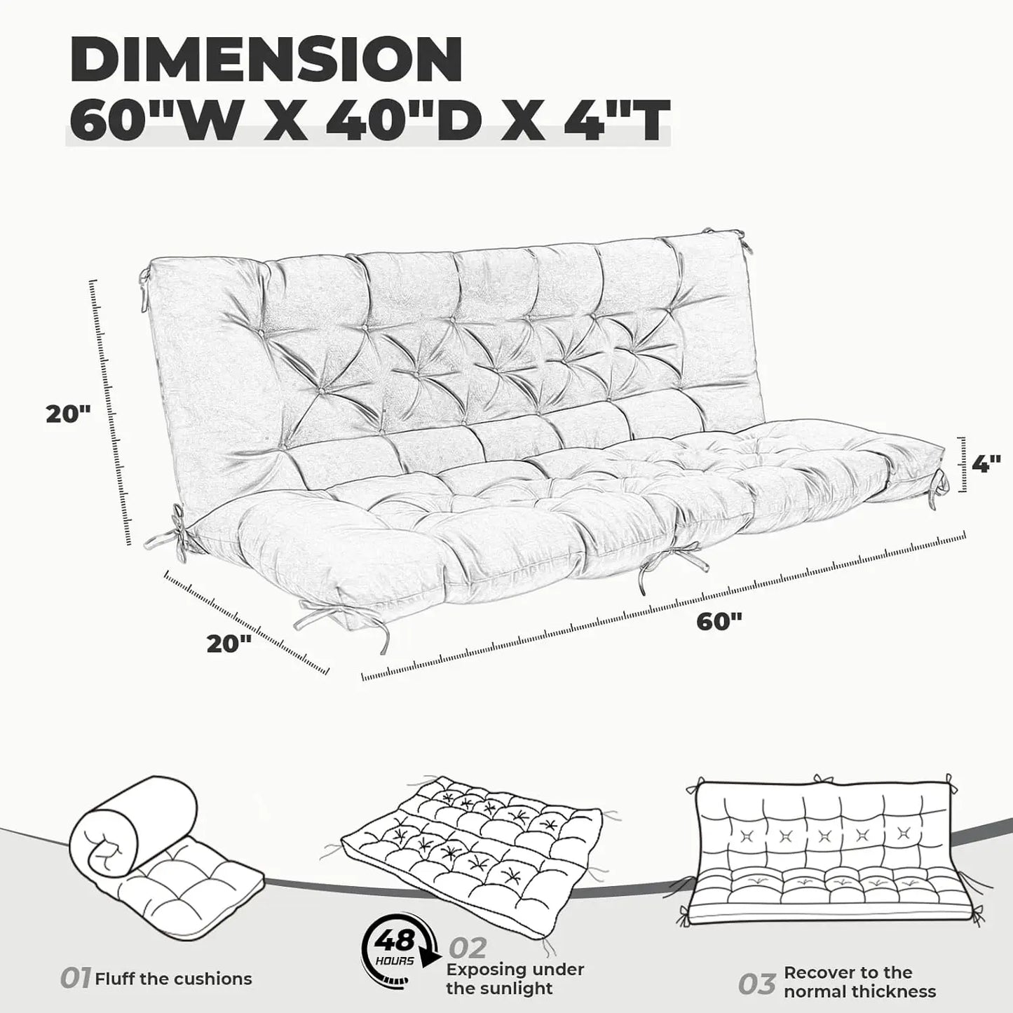 Waterproof Outdoor Swing Cushion with Backrest, 60x40 Inch Gray Replacement for Patio Furniture