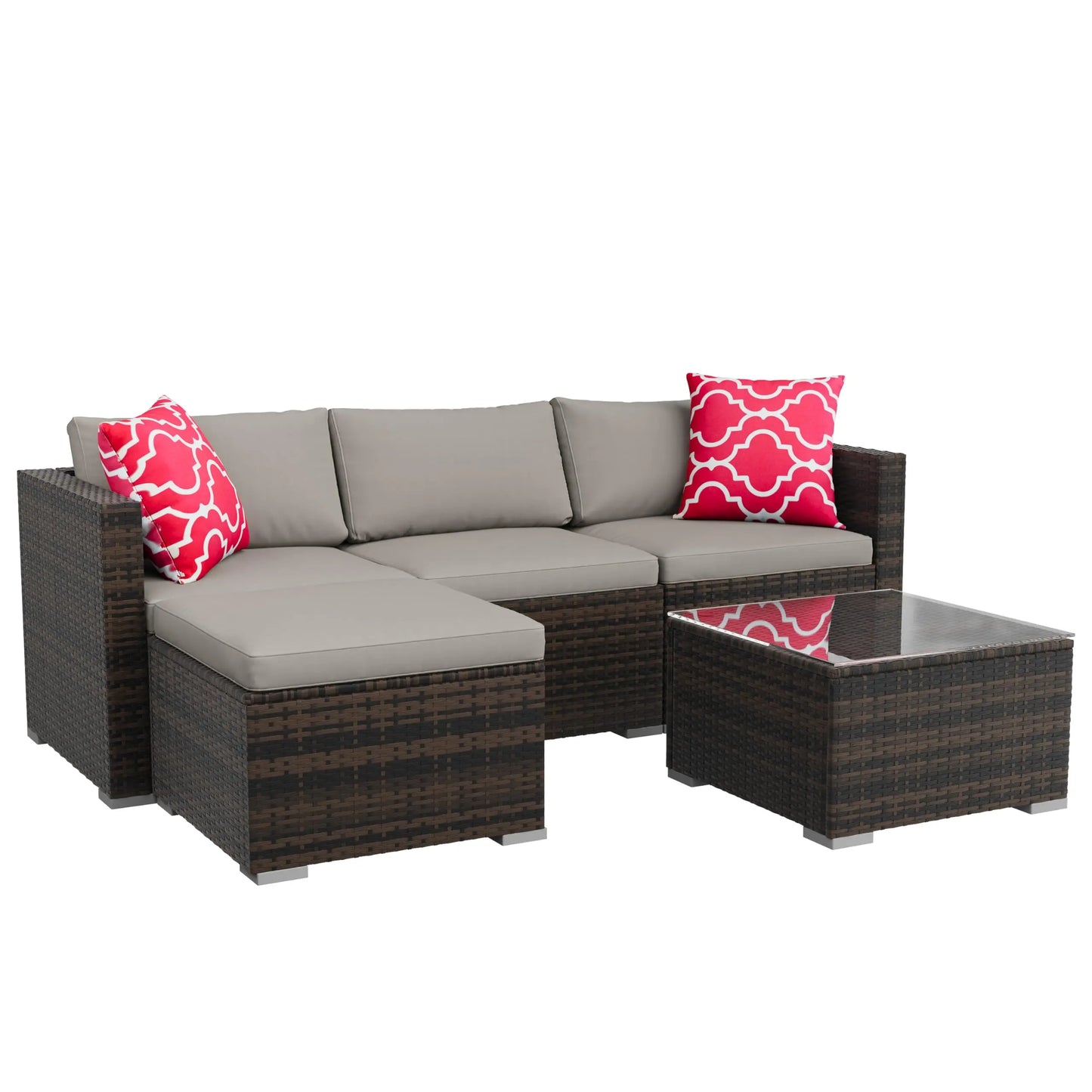 5-Piece All Weather Wicker Patio Furniture Set, Modular Outdoor Sectional Sofa With Cushions & Tempered Glass Coffee Table