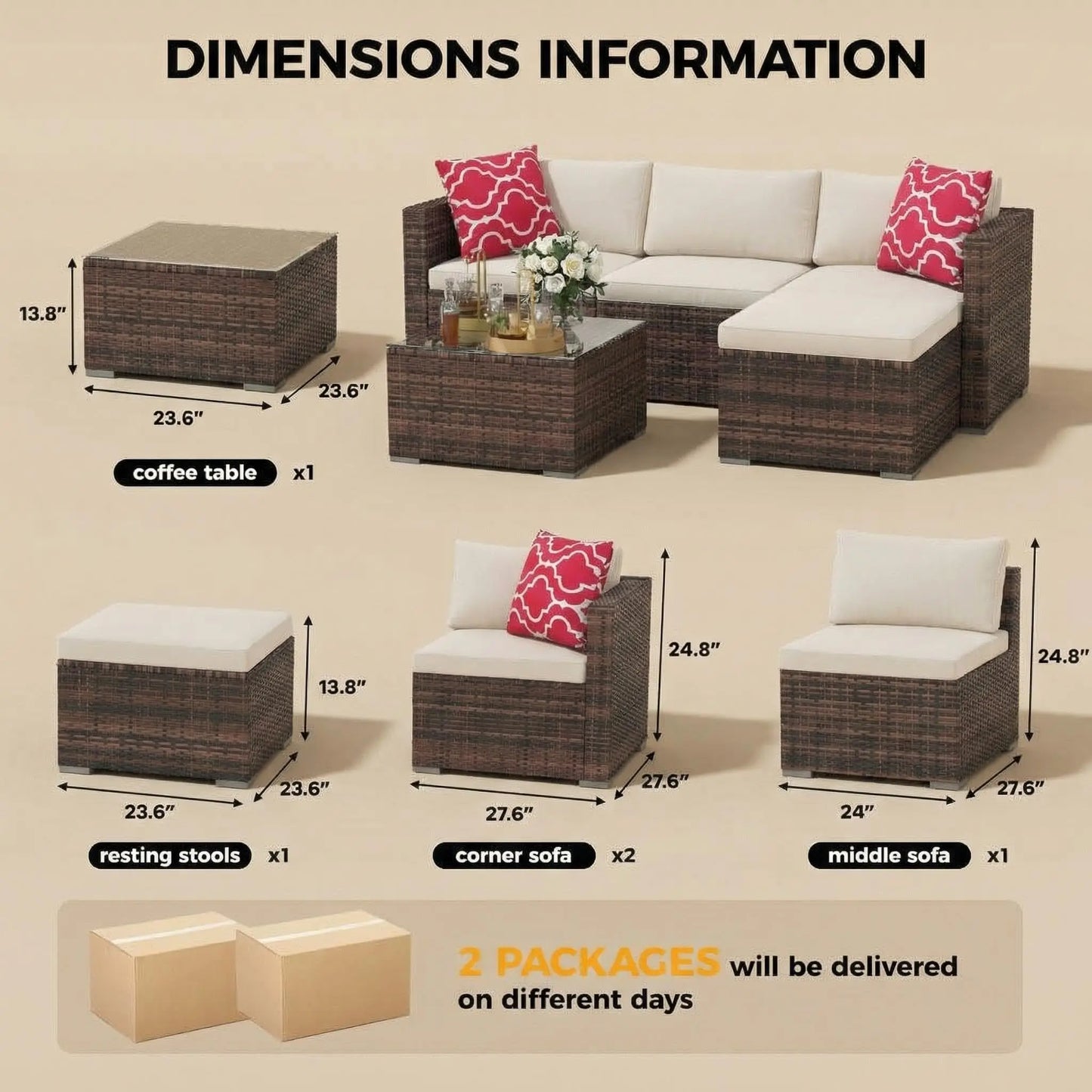 5-Piece All Weather Wicker Patio Furniture Set, Modular Outdoor Sectional Sofa With Cushions & Tempered Glass Coffee Table