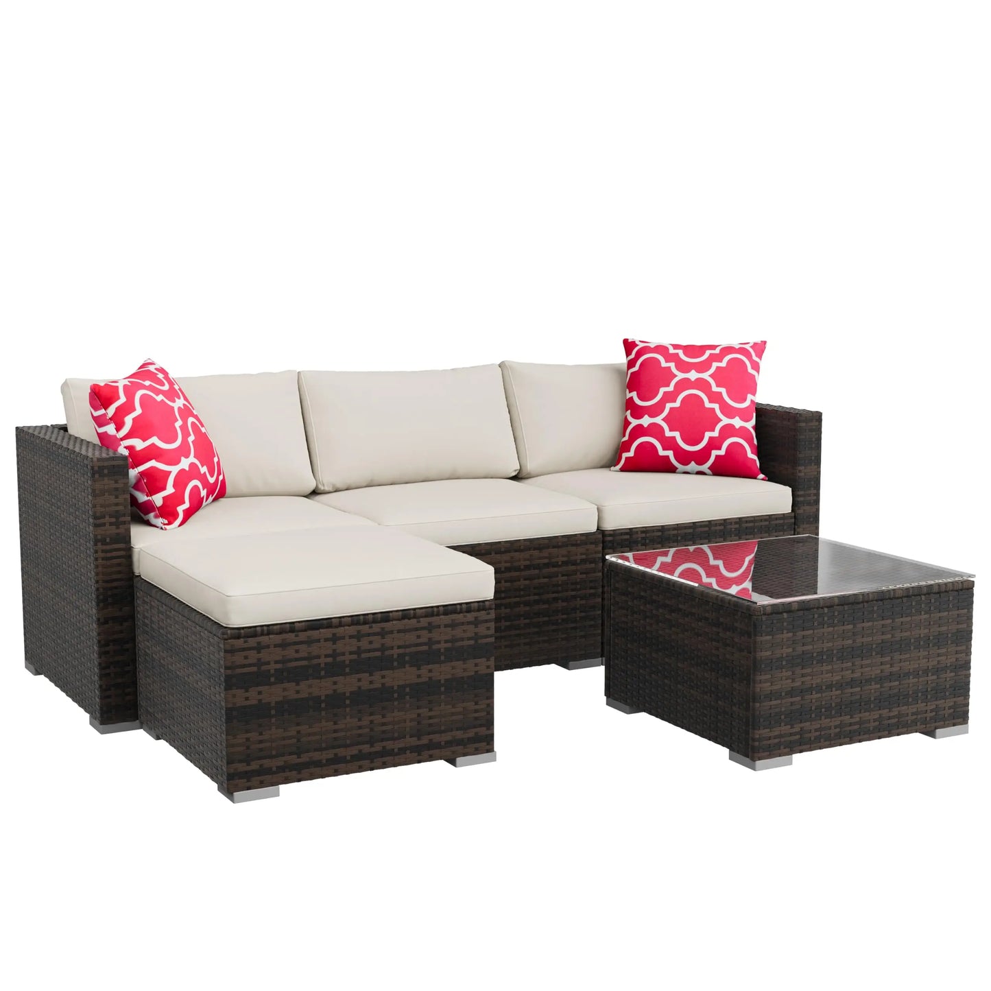 5-Piece All Weather Wicker Patio Furniture Set, Modular Outdoor Sectional Sofa With Cushions & Tempered Glass Coffee Table
