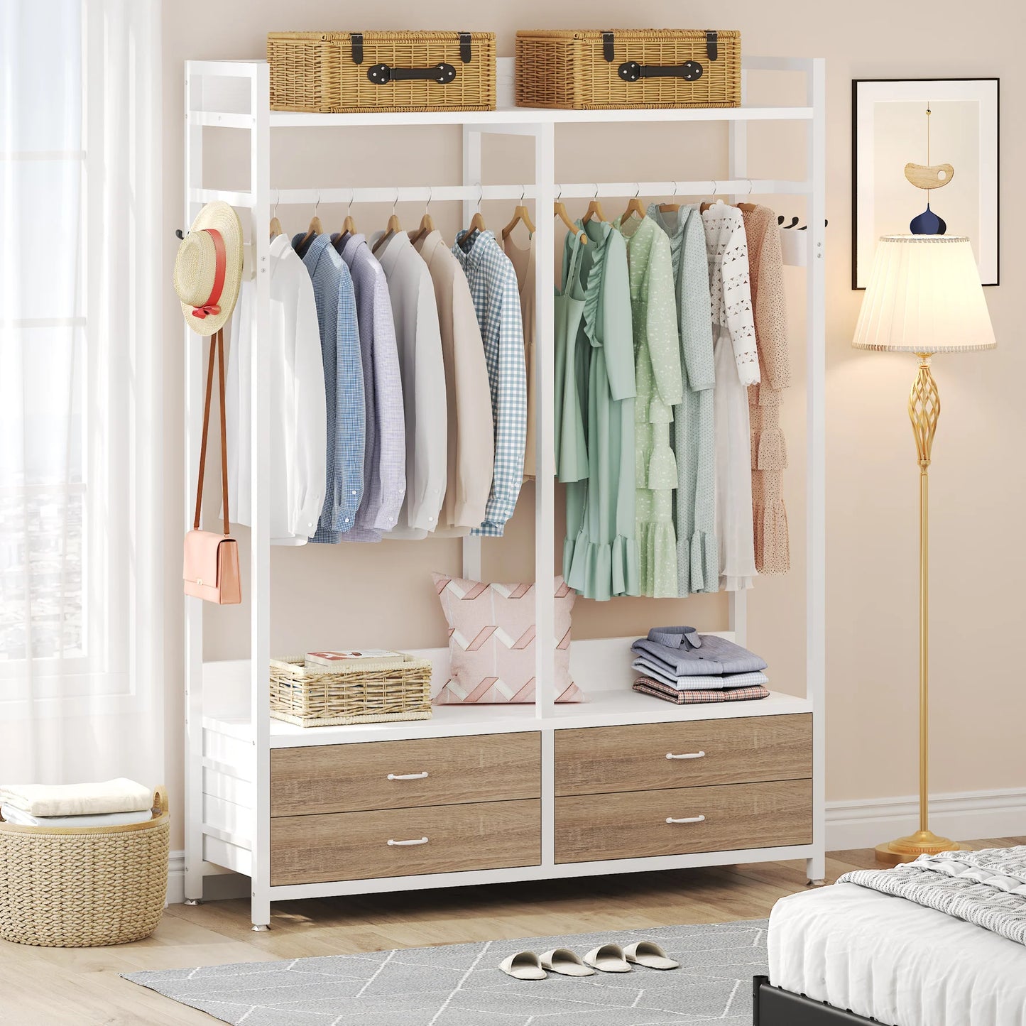 Tribesigns Freestanding Closet Organizer for Hanging Clothes, Heavy Duty Garment Rack with Drawers, 8 Hooks and Storage Shelves