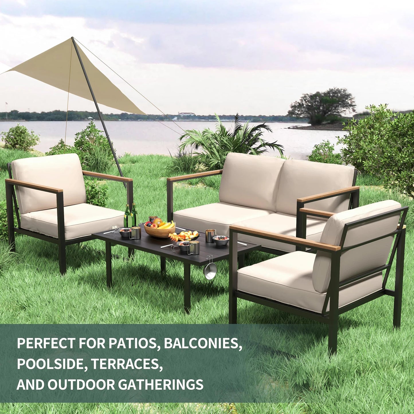 4-Piece Outdoor Patio Set, Metal Conversation Sofa With Washable Cushions, 2 Chairs & Coffee Table For Garden Balcony