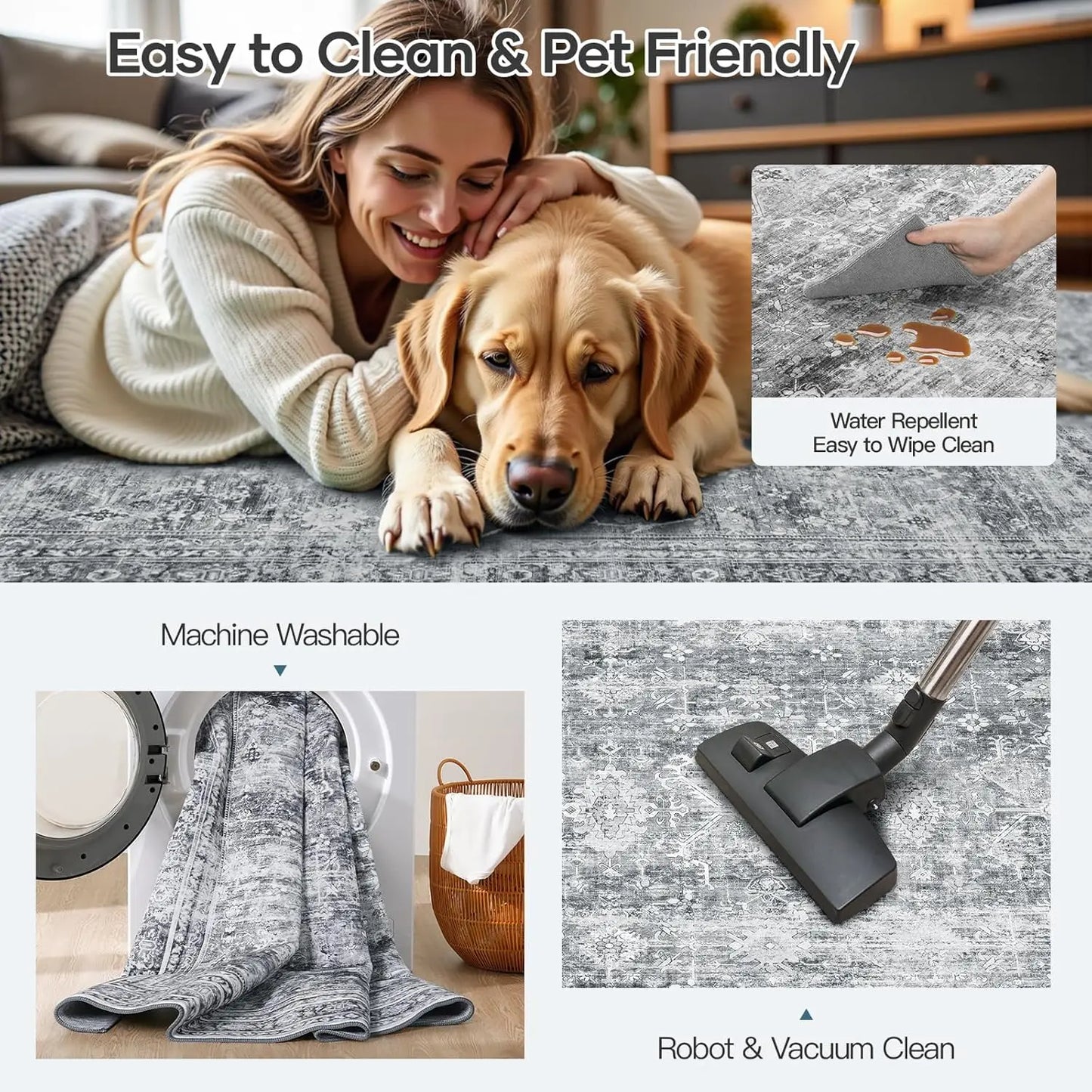 8x10 Washable Area Rug with Non-Slip Backing, Soft Grey Floral Carpet for Living Room Bedroom Dining Office Nursery