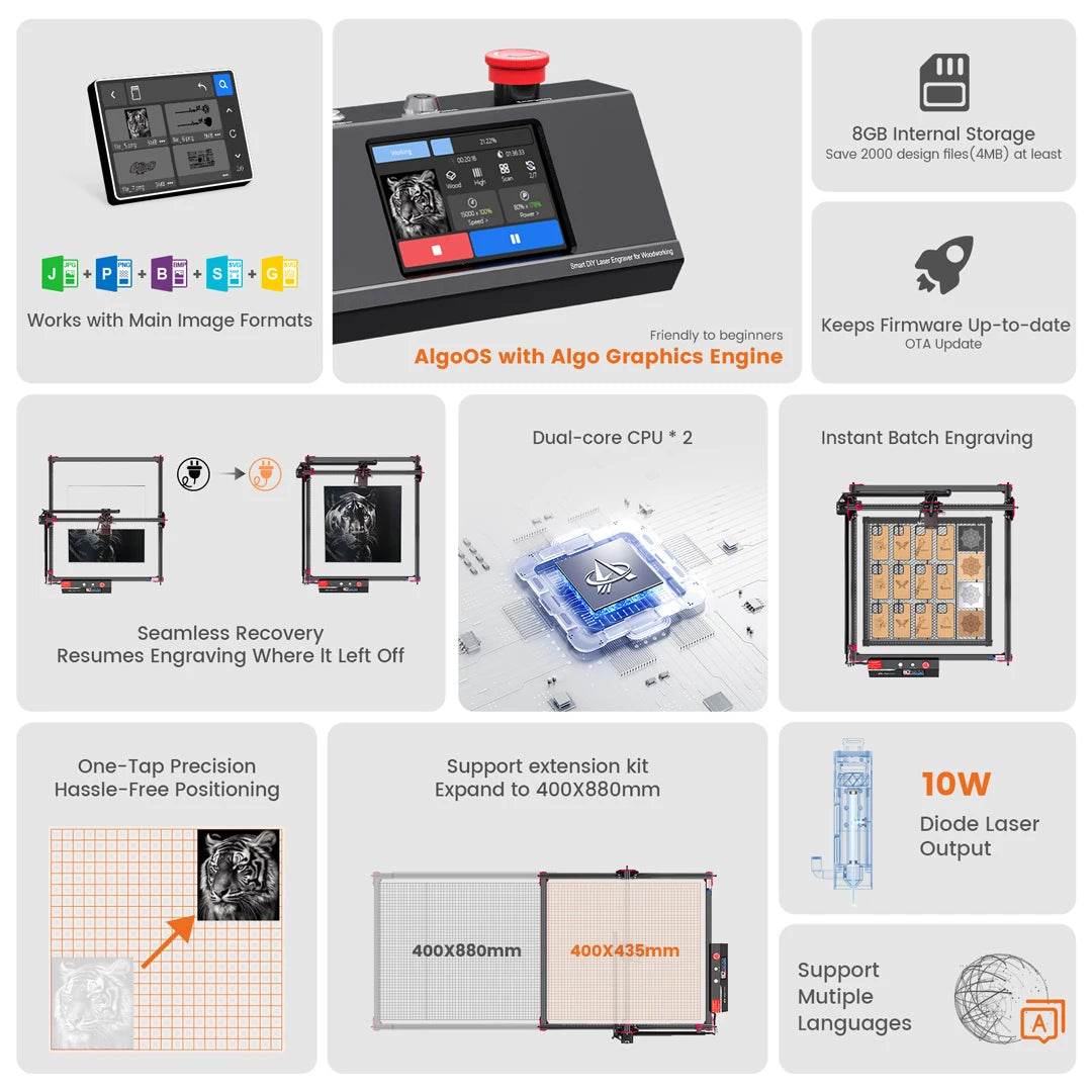 AlgoLaser DIY KIT MK2 10W Touch Screen 400X850MM Large Area Woodworking for Wood Metal Crafting Customized Gift Batch Production