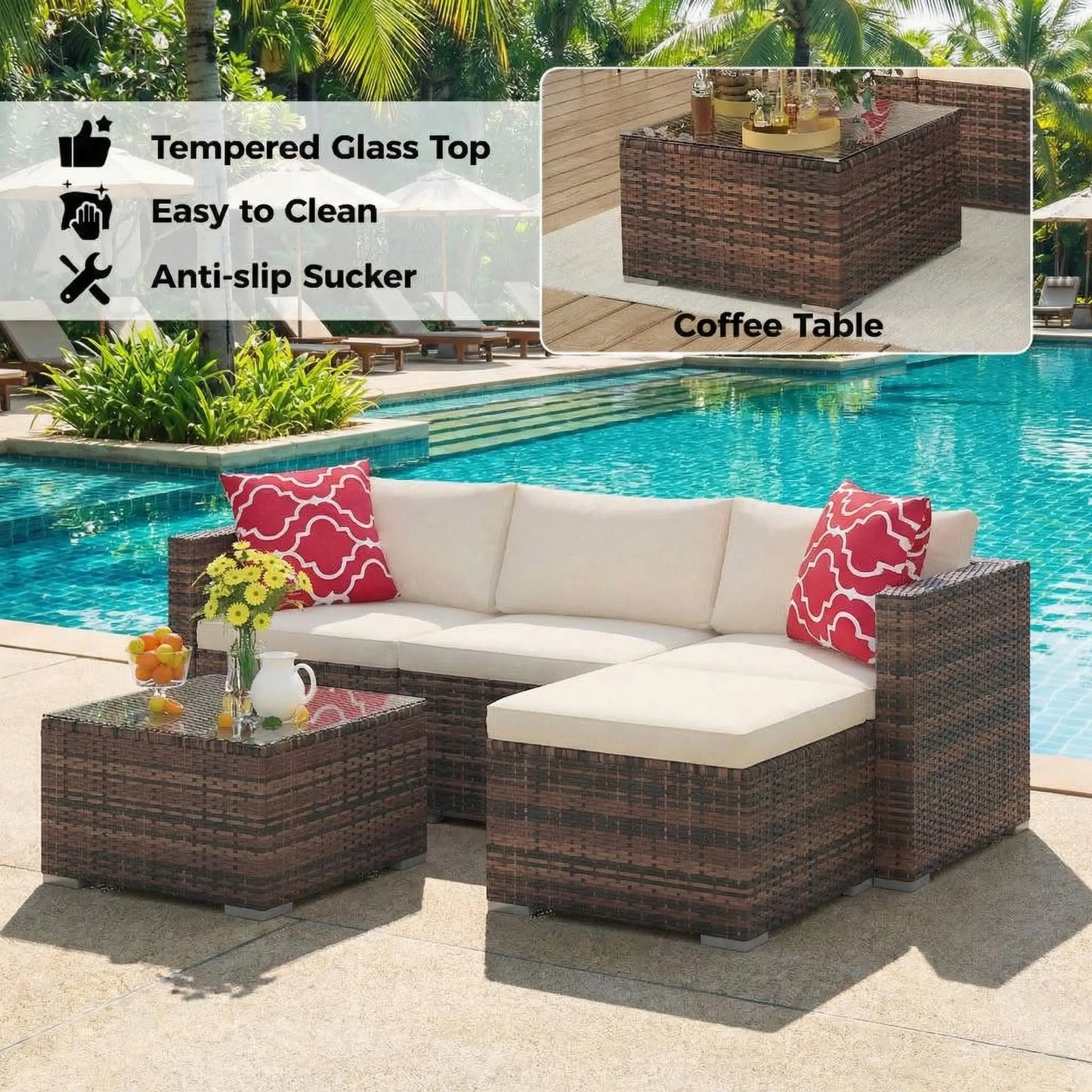 5-Piece All Weather Wicker Patio Furniture Set, Modular Outdoor Sectional Sofa With Cushions & Tempered Glass Coffee Table