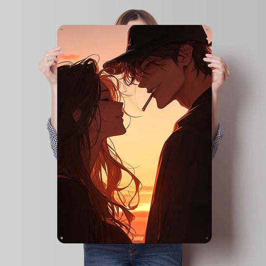 Anime Couple Love Printed Poster Customizable Wall Art Retro Vintage Metal Tin Signs for Home Room House Decor Man Cave Items