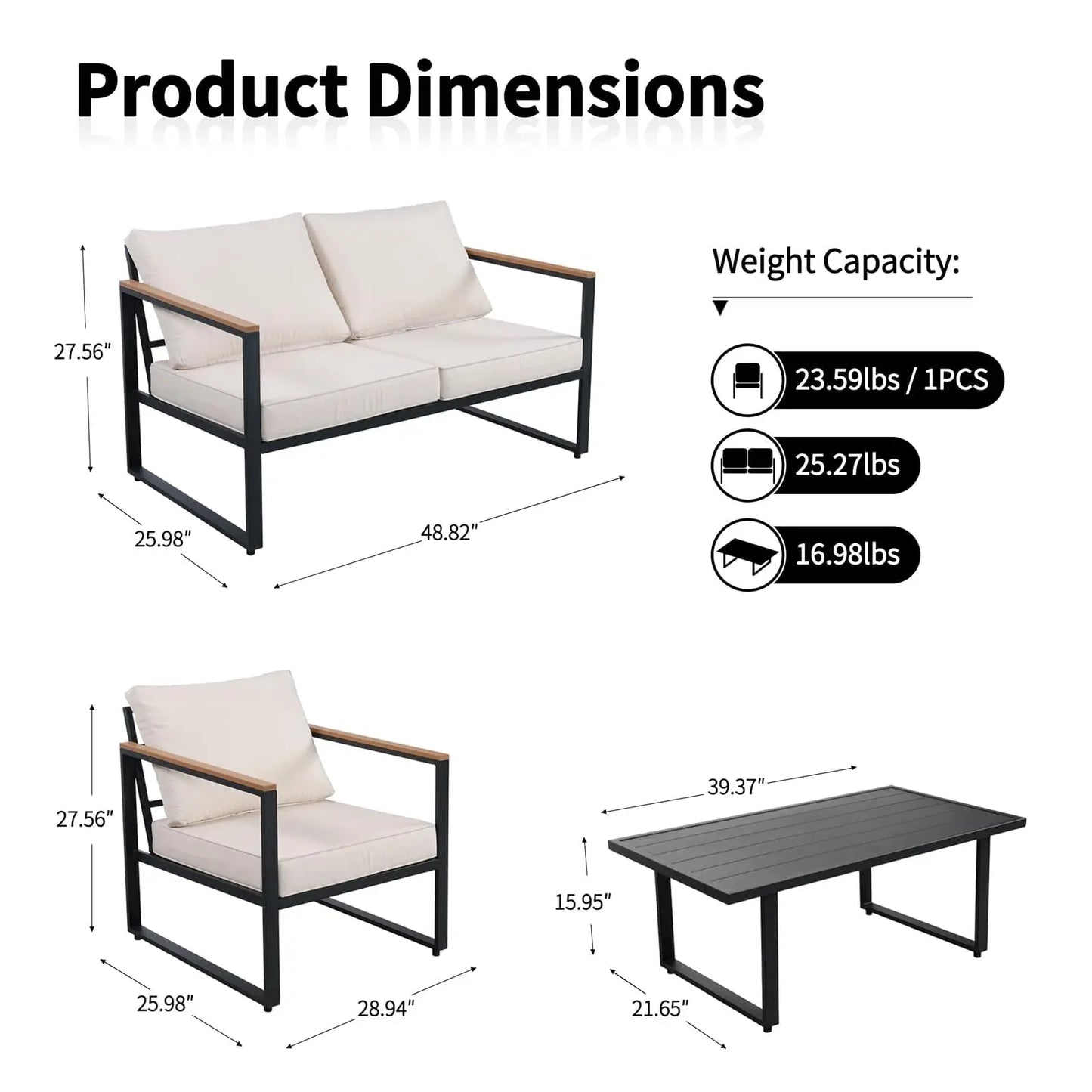 4-Piece Outdoor Patio Set, Metal Conversation Sofa With Washable Cushions, 2 Chairs & Coffee Table For Garden Balcony