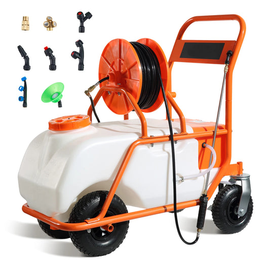 SucceBuy Battery Powered 15 Gal Garden Weed Sprayer with Wheeled Cart 126FT Hose with Reel 8 Nozzles 2 Wands with Lock for Crop