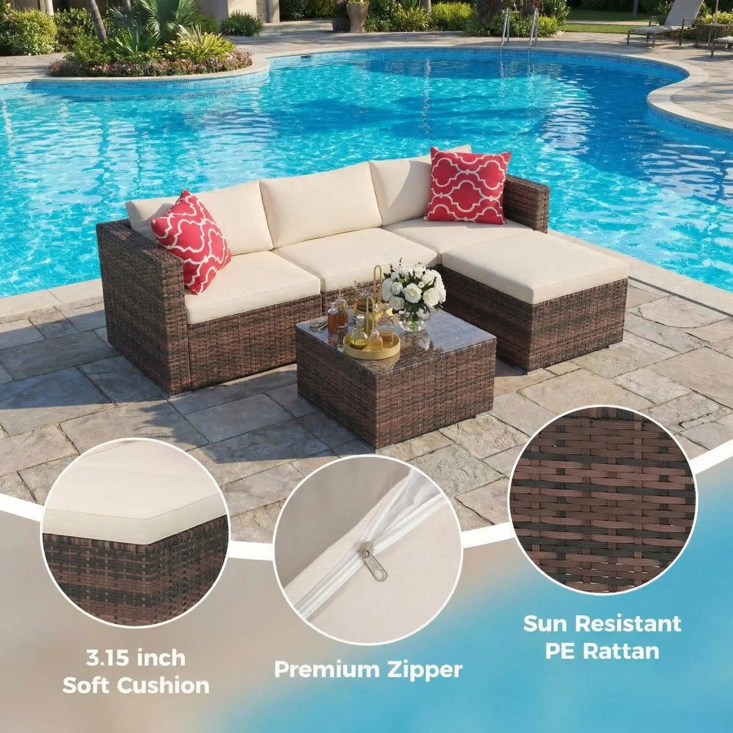 5-Piece All Weather Wicker Patio Furniture Set, Modular Outdoor Sectional Sofa With Cushions & Tempered Glass Coffee Table