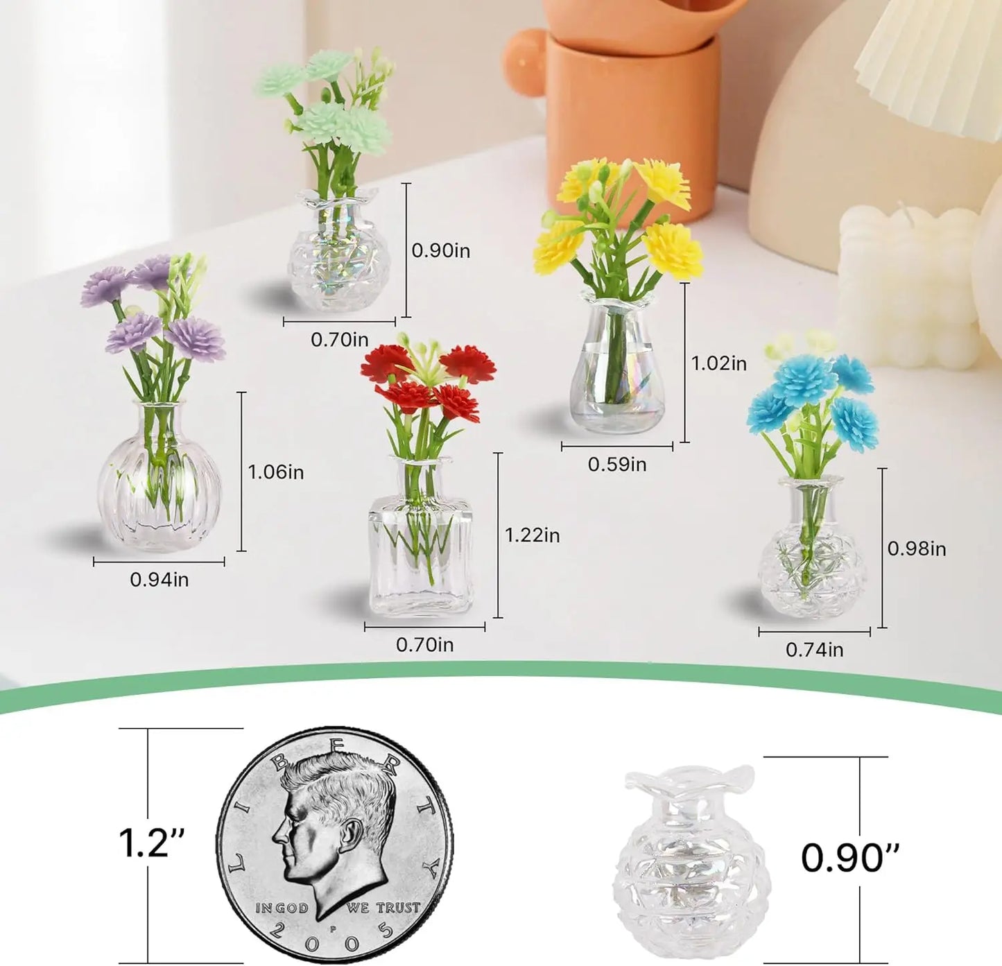 Mini Glass Vase Magnets for Fridge with Flowers - 5 Pack Kitchen Office Decor Magnetic Plant Holders