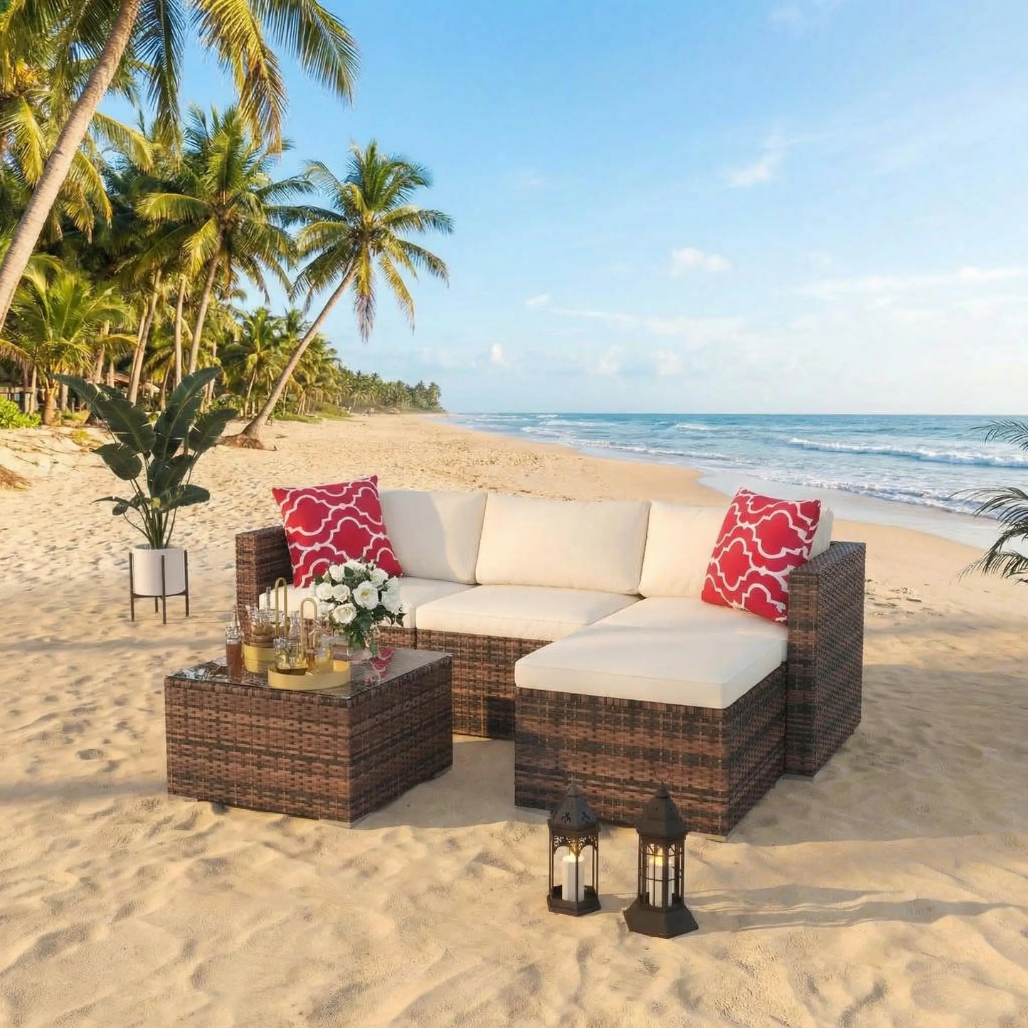 5-Piece All Weather Wicker Patio Furniture Set, Modular Outdoor Sectional Sofa With Cushions & Tempered Glass Coffee Table