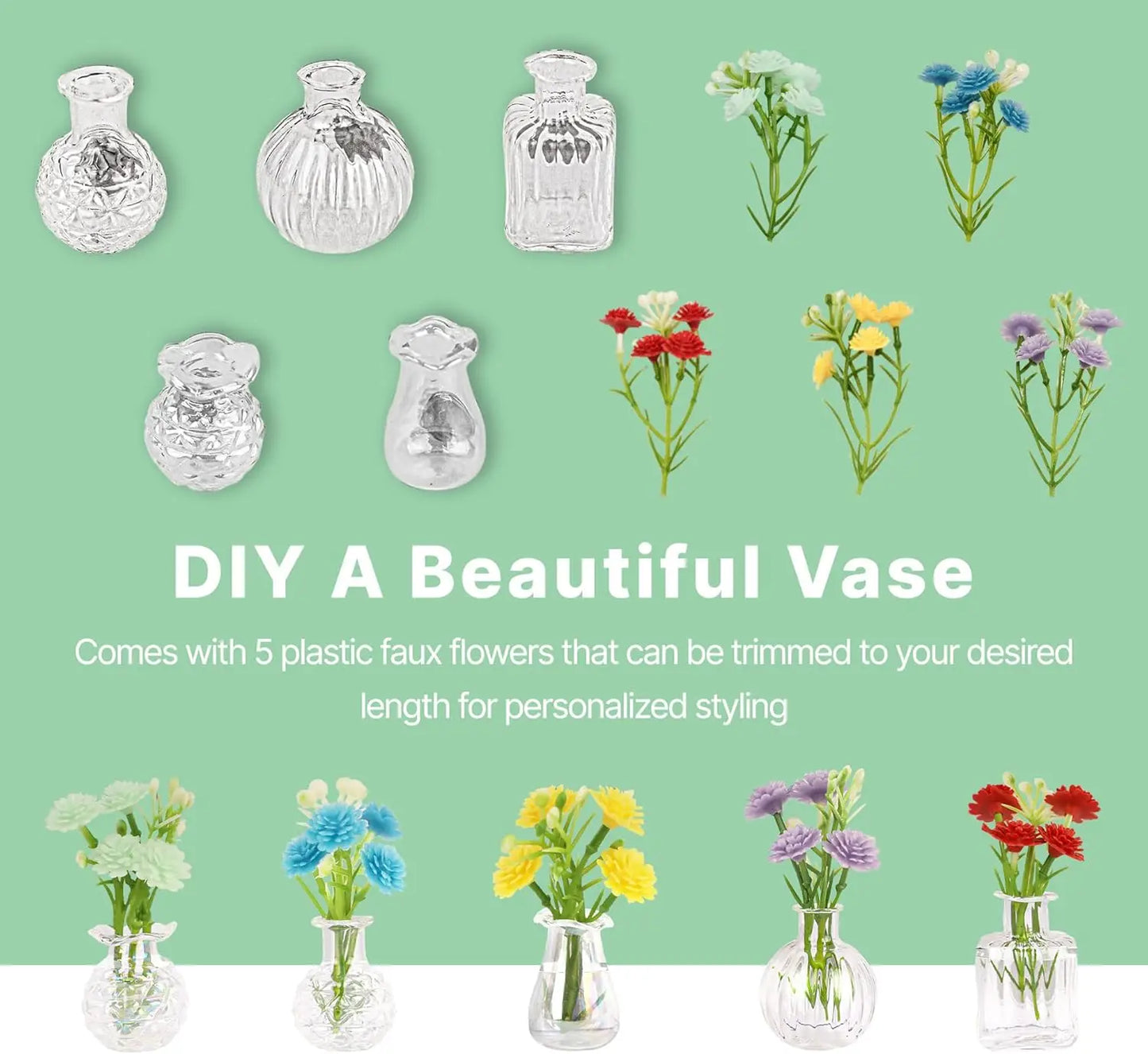 Mini Glass Vase Magnets for Fridge with Flowers - 5 Pack Kitchen Office Decor Magnetic Plant Holders