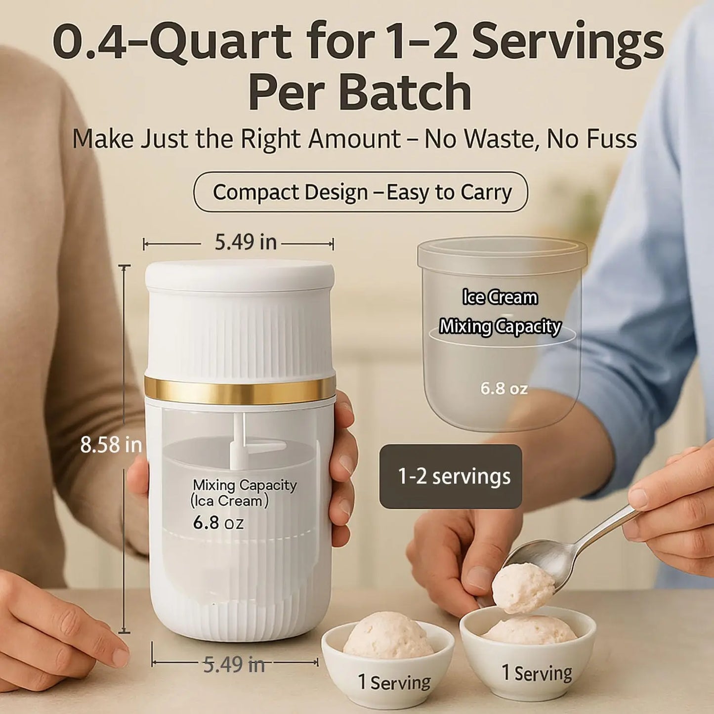 USB-C Rechargeable Portable Ice Cream Maker 0.4 Qt,Cordless Gelato, Sorbet & Frozen Yogurt Machine, Mini Homemade Dessert Maker