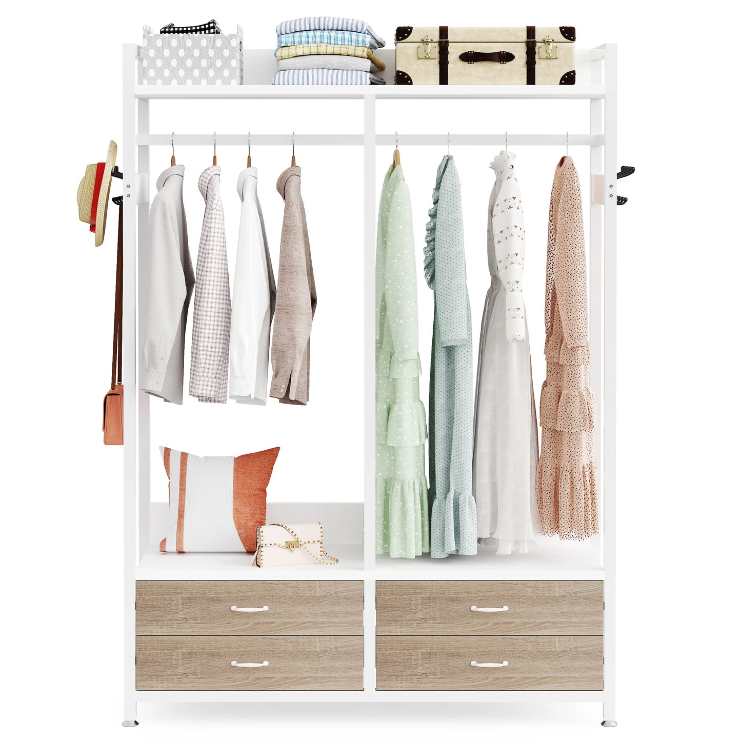 Tribesigns Freestanding Closet Organizer for Hanging Clothes, Heavy Duty Garment Rack with Drawers, 8 Hooks and Storage Shelves