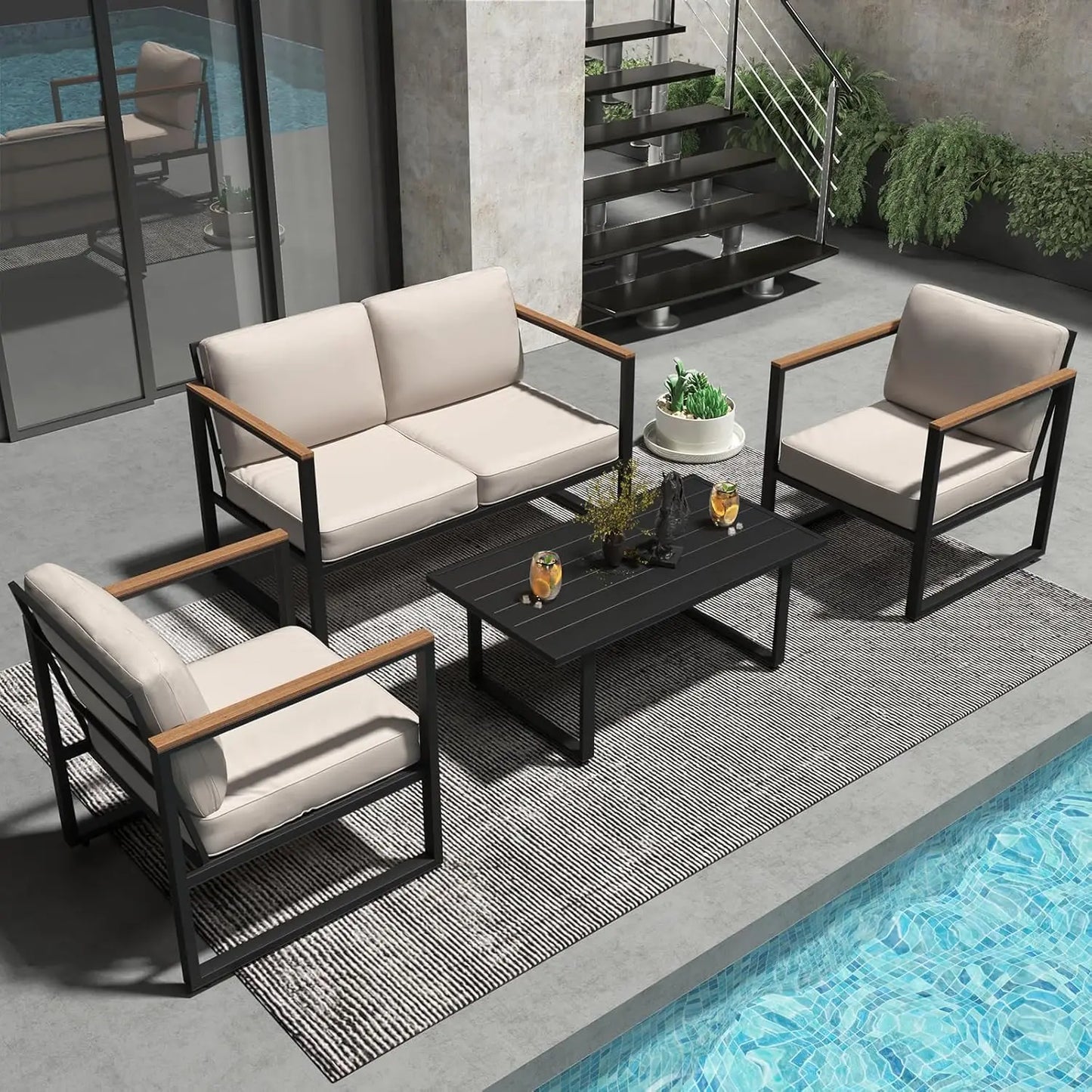 4-Piece Outdoor Patio Set, Metal Conversation Sofa With Washable Cushions, 2 Chairs & Coffee Table For Garden Balcony