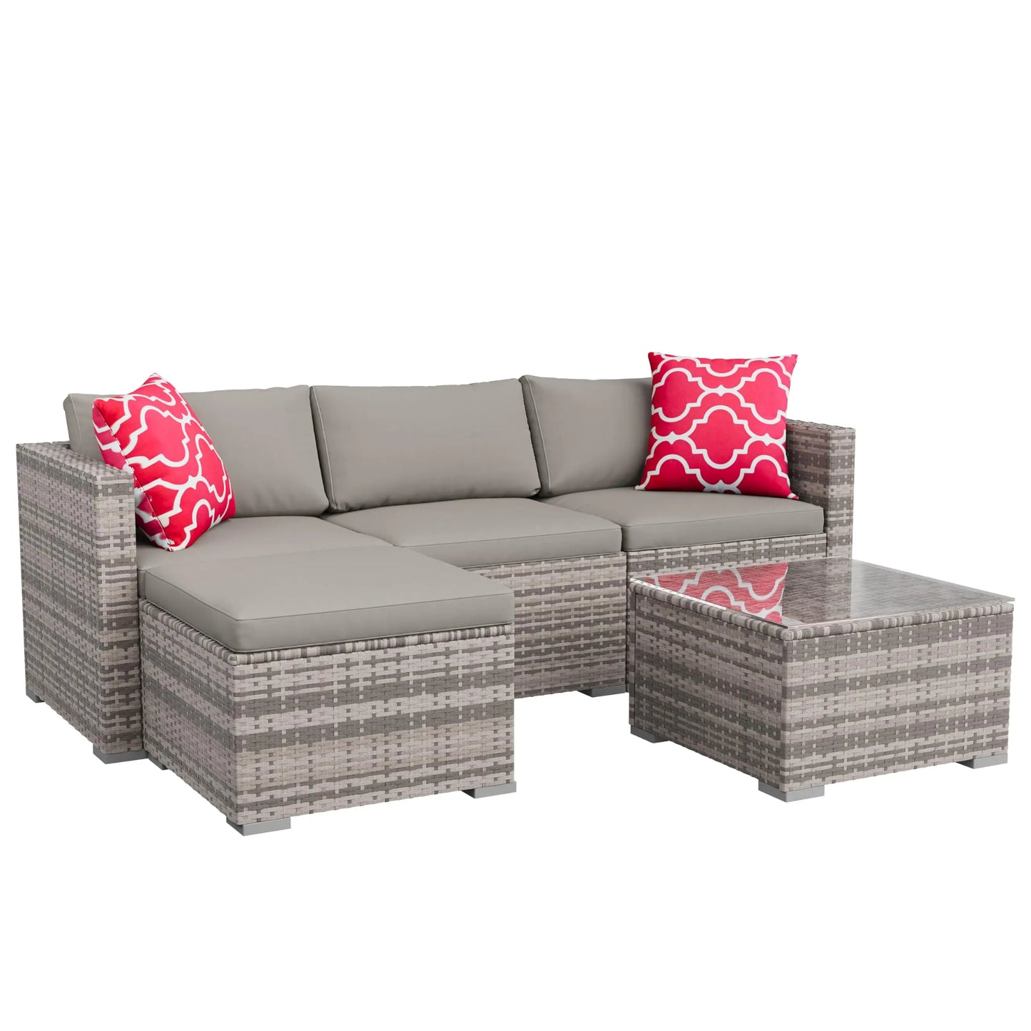 5-Piece All Weather Wicker Patio Furniture Set, Modular Outdoor Sectional Sofa With Cushions & Tempered Glass Coffee Table