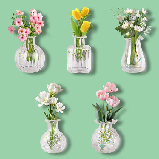 Mini Glass Vase Magnets for Fridge with Flowers - 5 Pack Kitchen Office Decor Magnetic Plant Holders