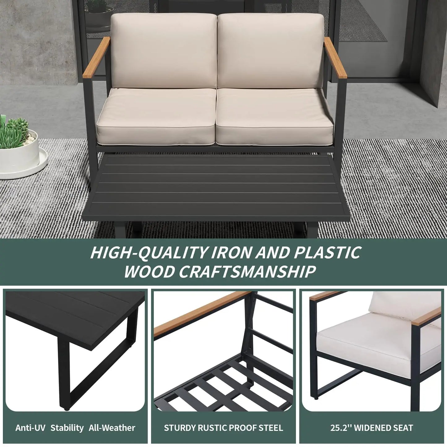 4-Piece Outdoor Patio Set, Metal Conversation Sofa With Washable Cushions, 2 Chairs & Coffee Table For Garden Balcony