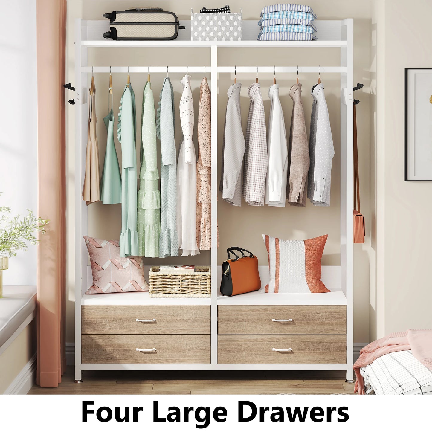 Tribesigns Freestanding Closet Organizer for Hanging Clothes, Heavy Duty Garment Rack with Drawers, 8 Hooks and Storage Shelves