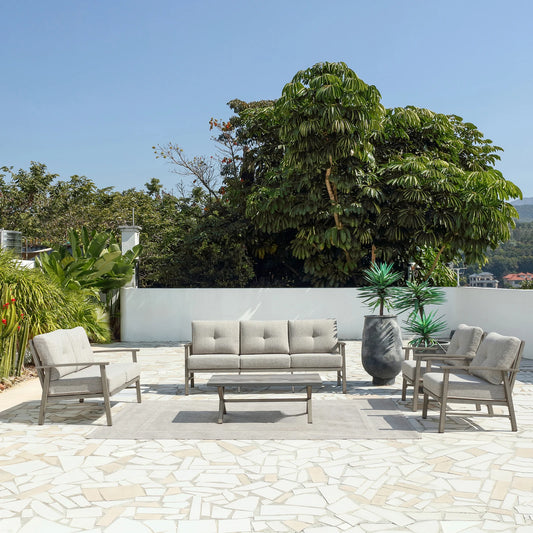Seehill 5 Pieces Outdoor Patio Furniture Sets, Aluminum Garden Furniture Sets Outdoor Sectional Sofa for Lawn, Limed Oak