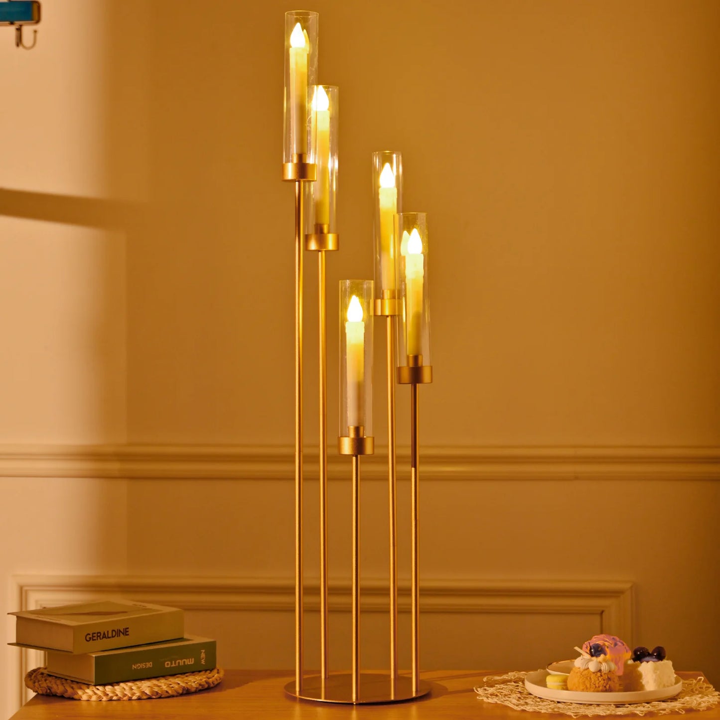 10PCS Gold Floor Candelabra,5 Arm Candle Holder Tall Floor Candle Holder with Acrylic Lampshade for Wedding Table Birthday Party