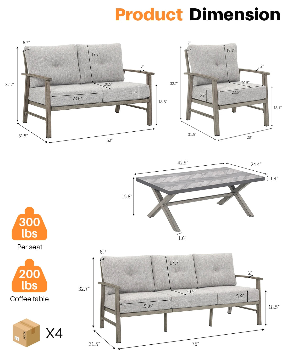 Seehill 5 Pieces Outdoor Patio Furniture Sets, Aluminum Garden Furniture Sets Outdoor Sectional Sofa for Lawn, Limed Oak