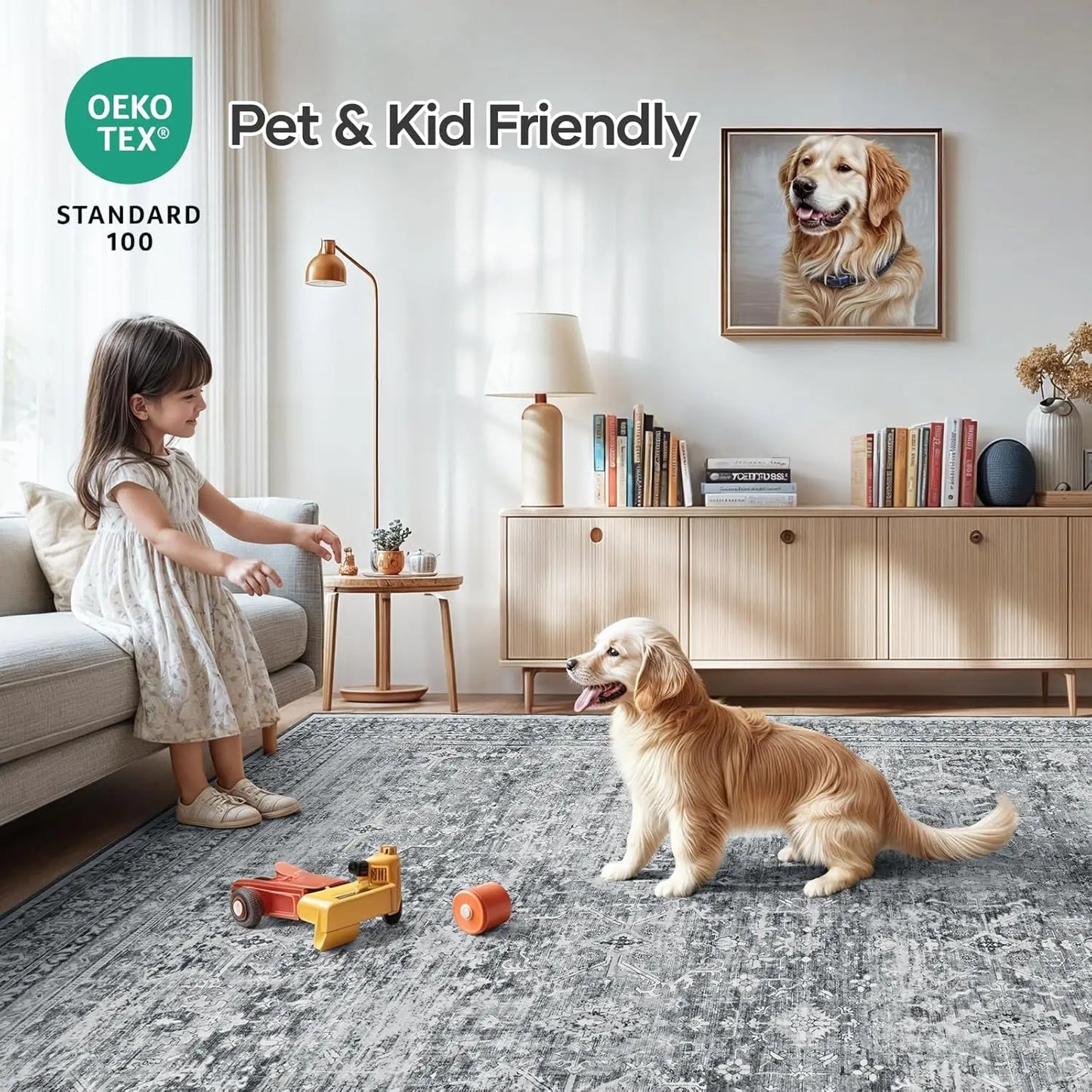 8x10 Washable Area Rug with Non-Slip Backing, Soft Grey Floral Carpet for Living Room Bedroom Dining Office Nursery